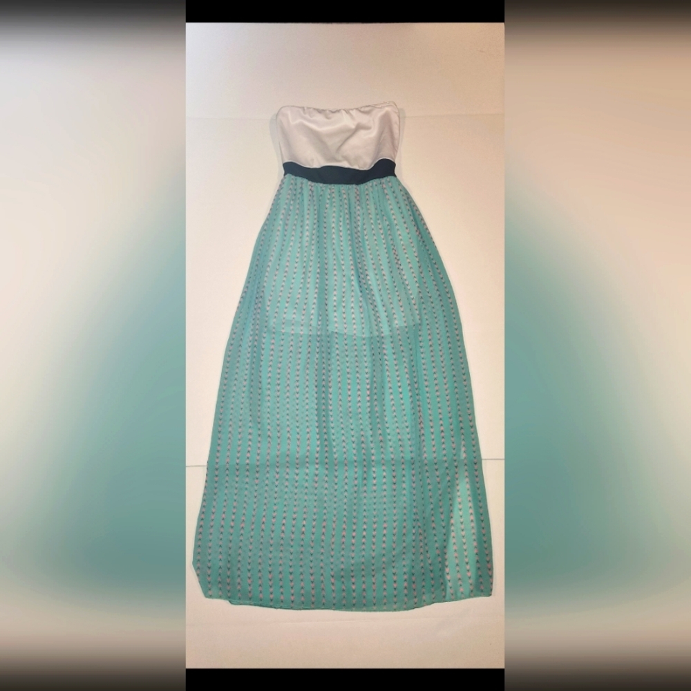 Strapless Maxi Dress in White and Mint with Navy Waistband